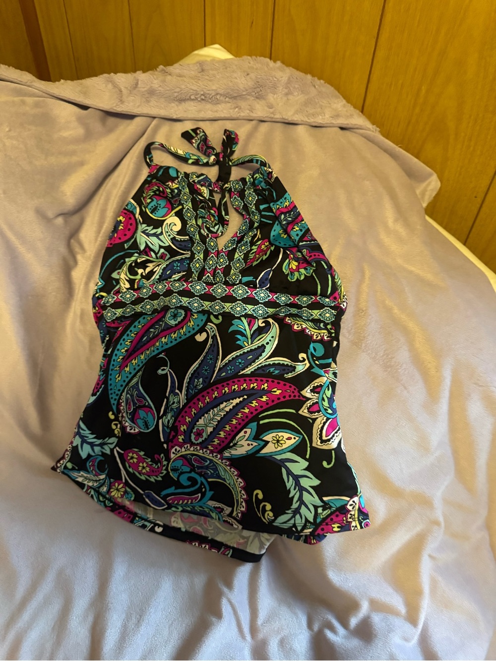 Apt. 9 Black Halter Tankini Top with Teal, Pink and Aqua Paisley
